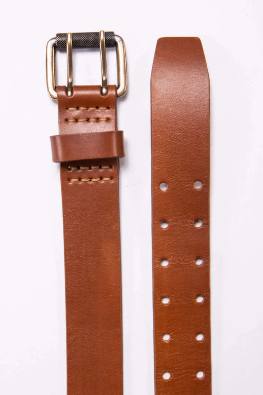 Close-up of a brown leather belt with a brass double prong buckle