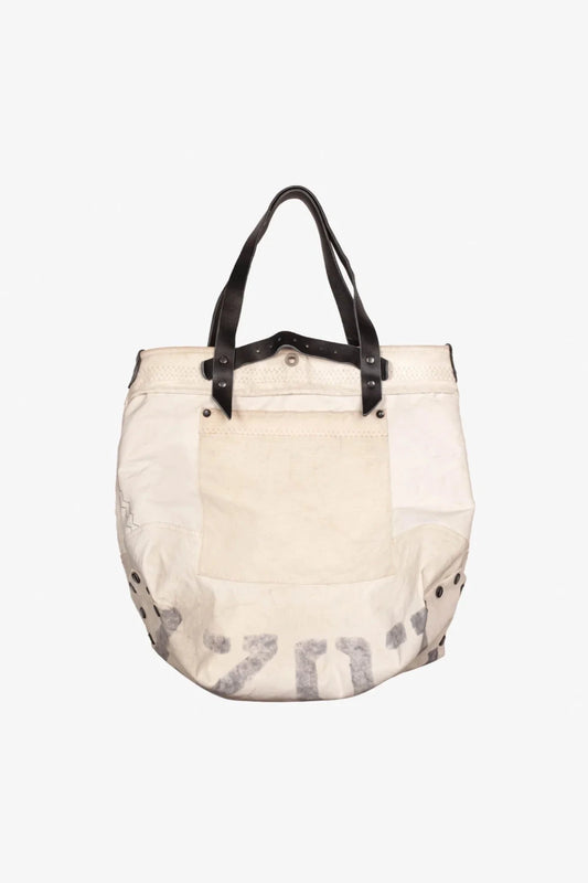 Sailcloth tote bag with black leather handles and printed numbers