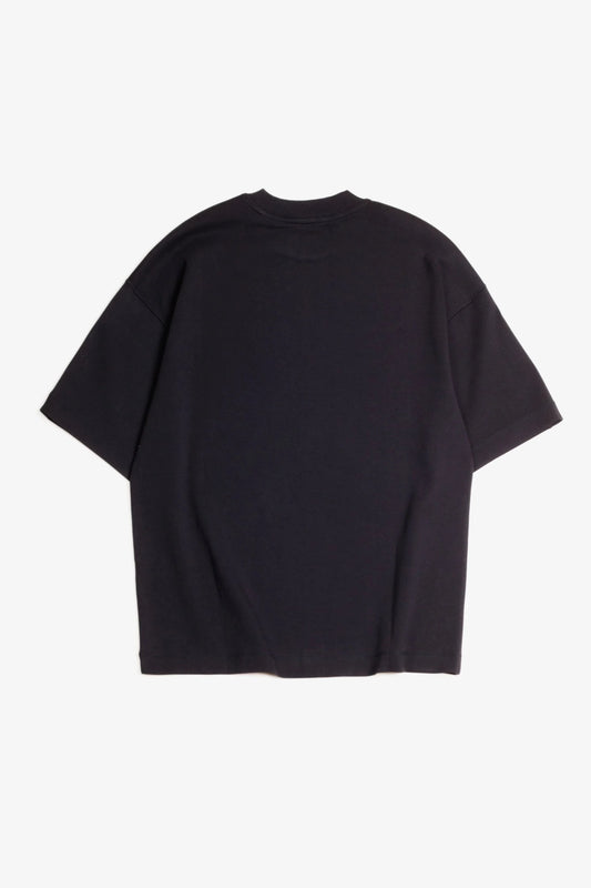 Back view of a plain black short-sleeved t-shirt on a white background