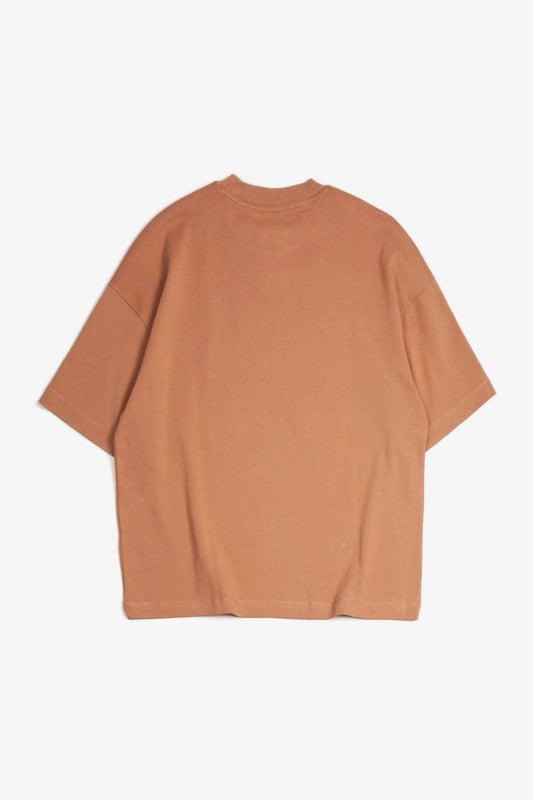 Back flat lay of a plain brown oversized short sleeve t-shirt