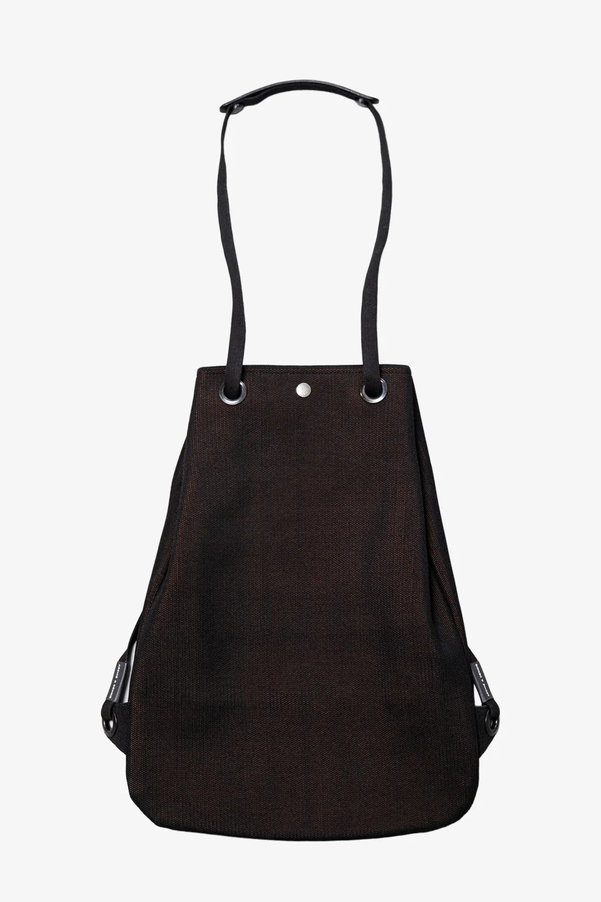 Front view of a black knitted Apple Picker backpack with black strap