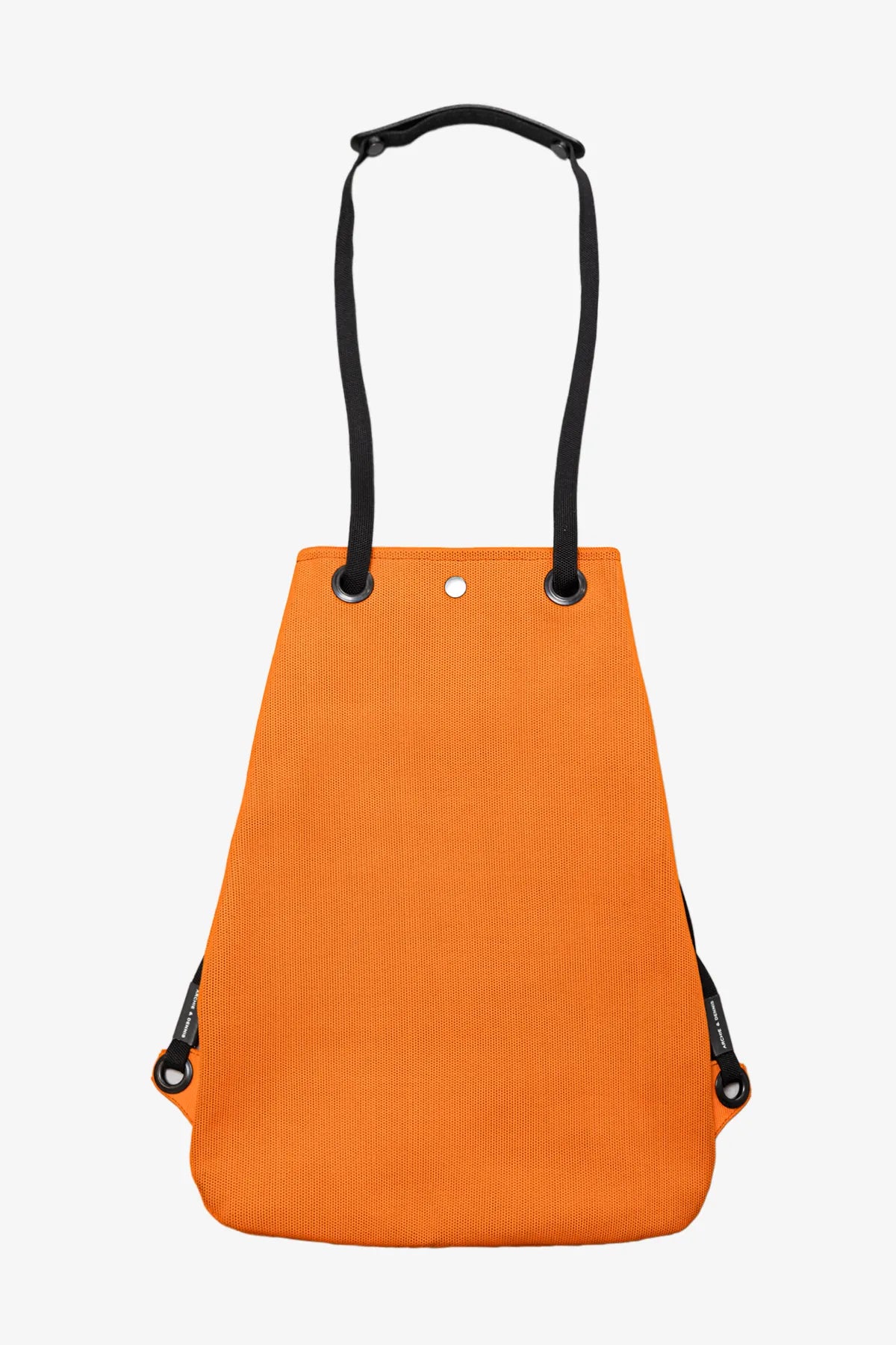 Orange drawstring backpack shown from the front with black straps