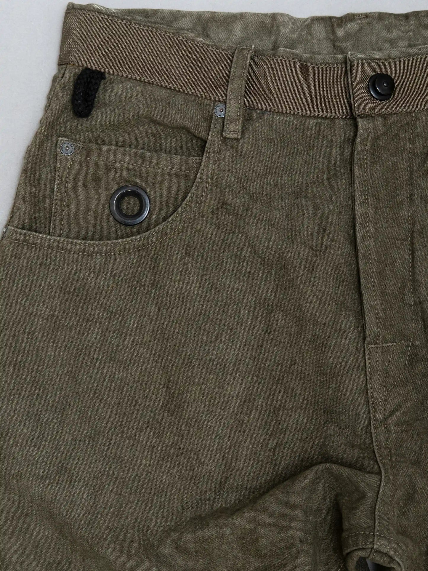 Close-up of olive green pants featuring a textured, military-inspired fabric with a sturdy waistband, button closure, and metal grommet detail on the front pocket.