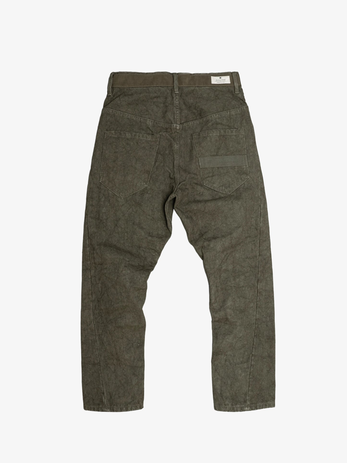 Back view of olive green utility style pants featuring reinforced seat panel and functional back pockets, made from textured fabric with a relaxed fit.