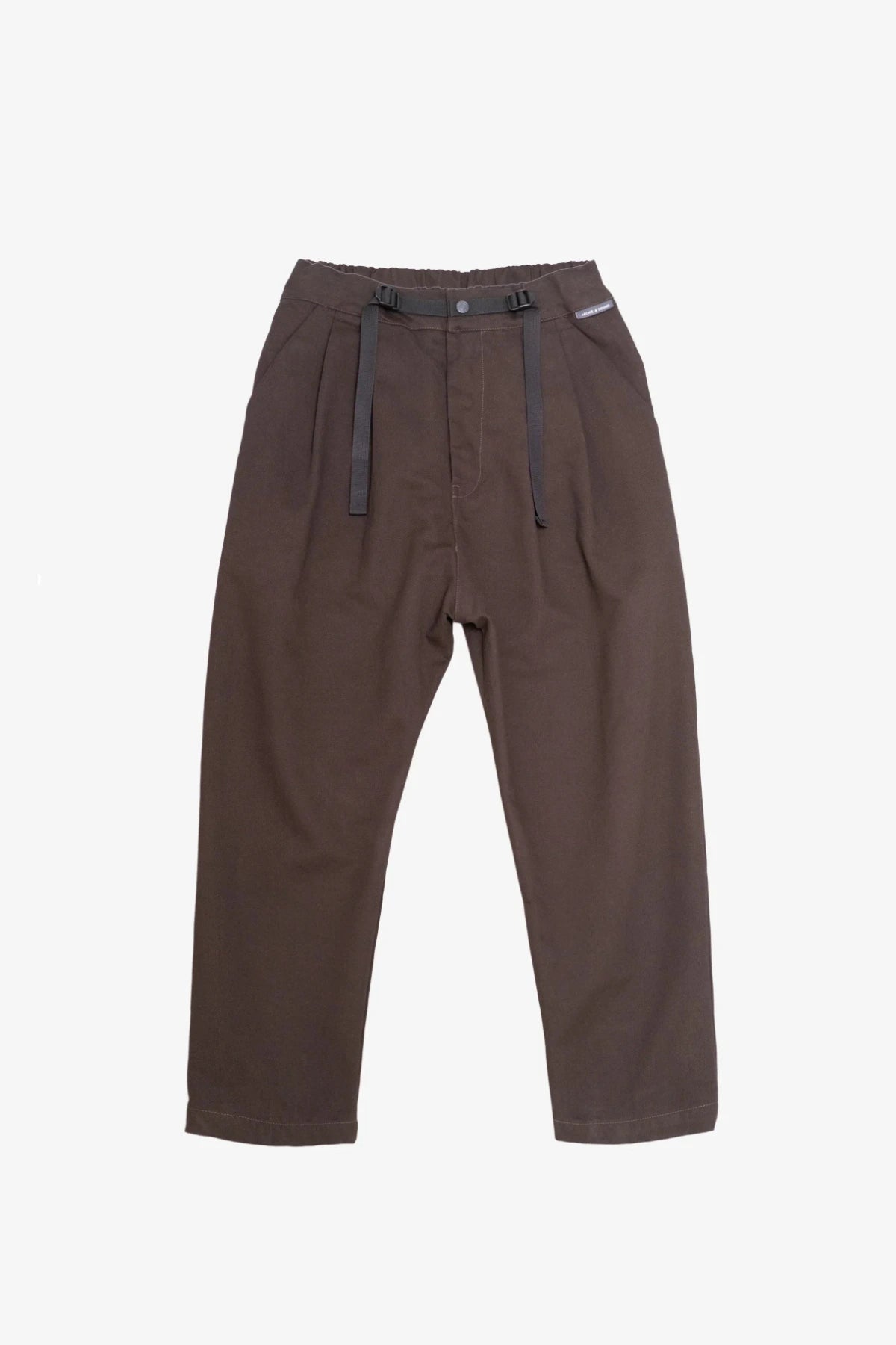Brown jogger pants with an elastic waist and integrated belt