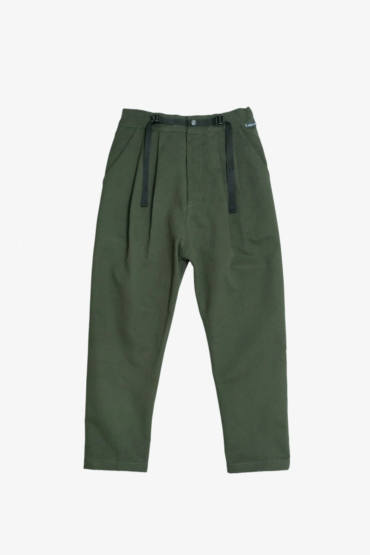 Full shot of a pair of plain bottle green pants