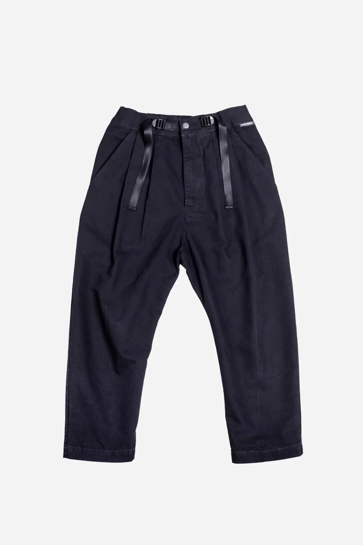 Full front view of black wide-leg pants with adjustable waist straps