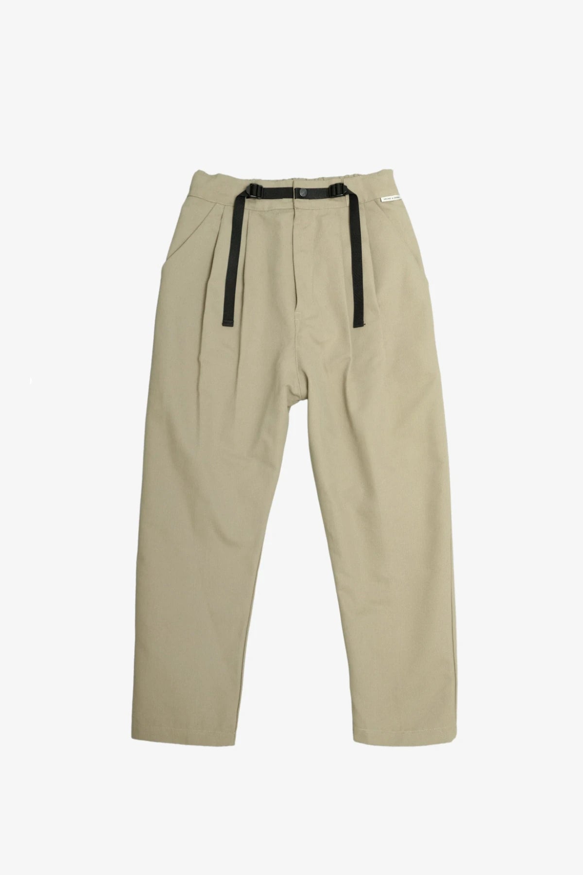 Front view of light khaki pants with a black integrated belt
