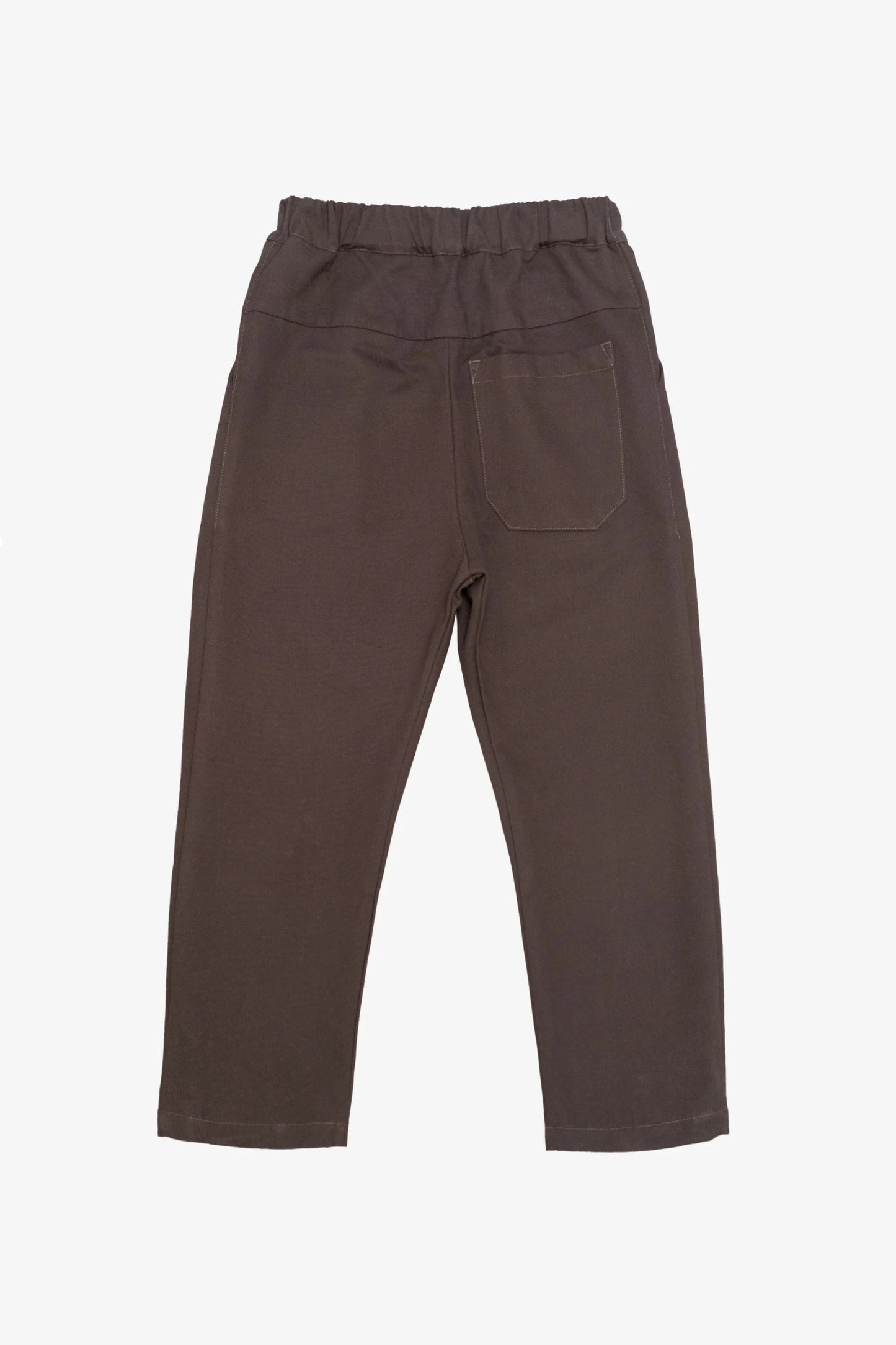 Back view of relaxed fit brown brushed pants featuring an elastic waistband and a single back patch pocket, crafted for comfortable everyday wear.