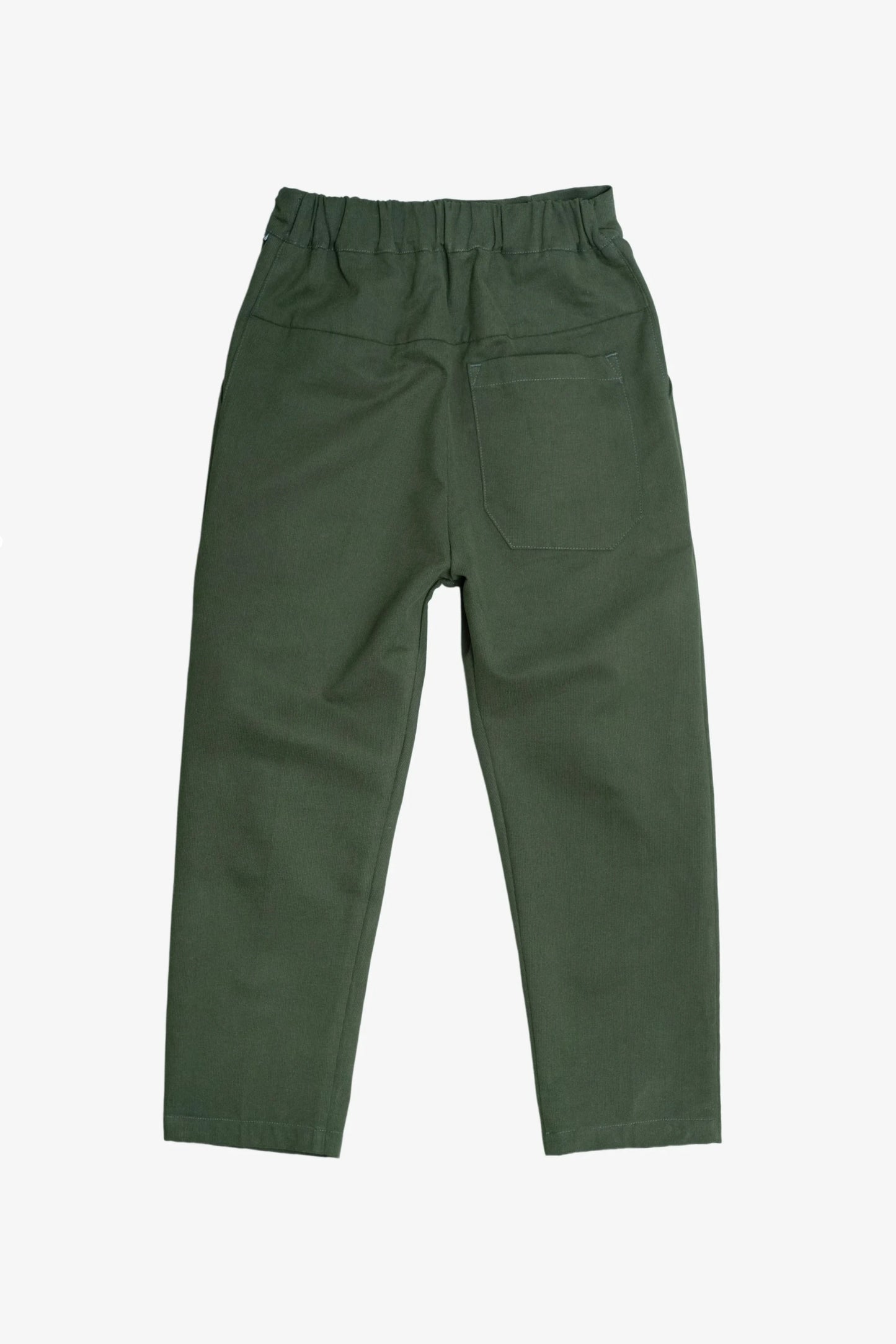 Back view of relaxed fit pleated pants in olive green with elastic waistband and a single rear pocket, showcasing military-inspired menswear style.