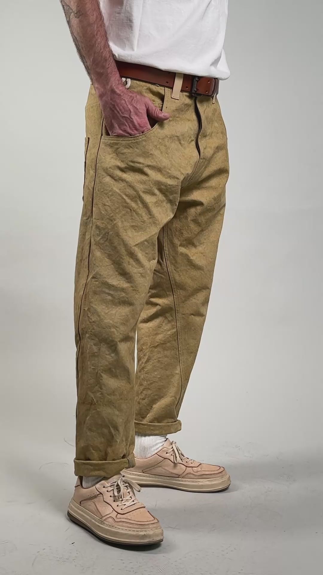 MEN'S DESIGNER SAND CANVAS CARROT PANTS – UPCYCLED MILITARY CANVAS