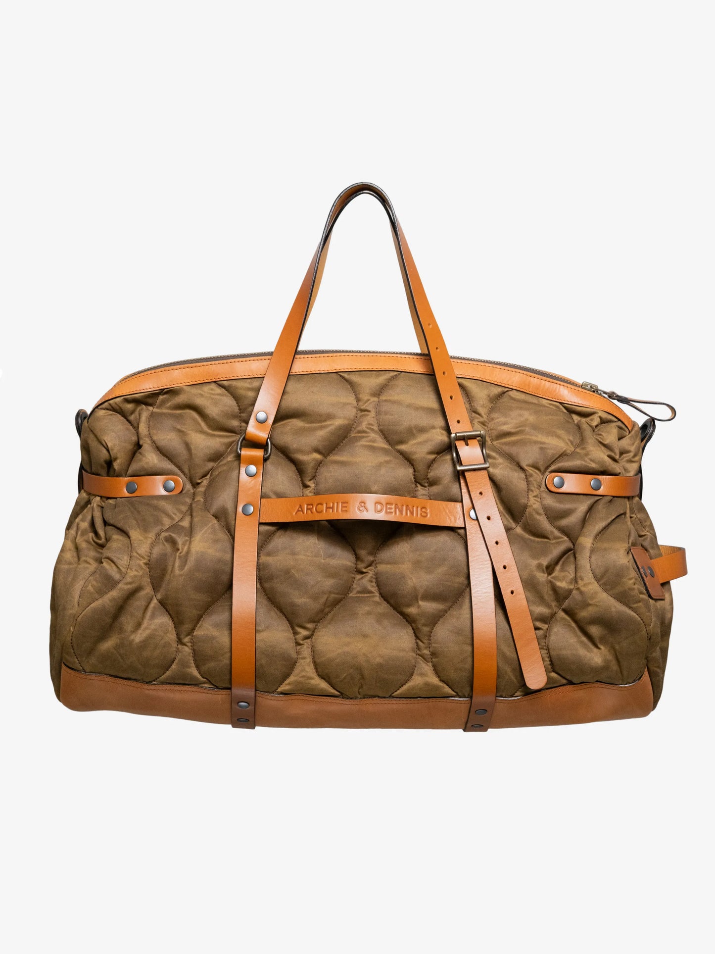 Quilted weekend bag in olive green fabric with tan leather straps and accents, featuring a structured design and utility-inspired details.